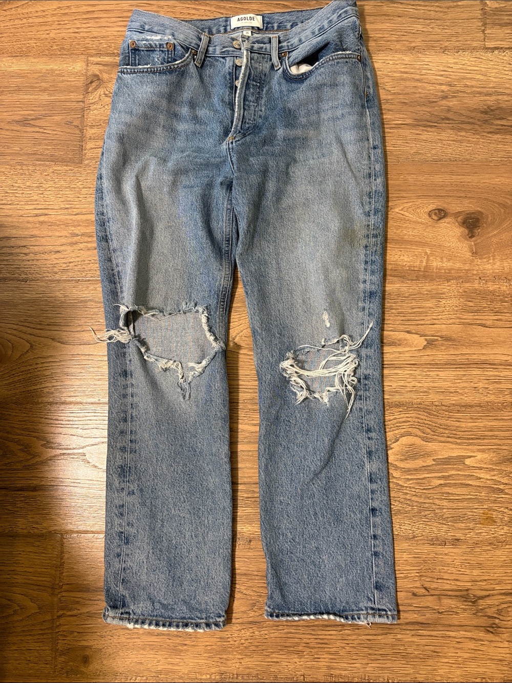 Agolde Light Blue Distressed Straight Leg Jeans 26